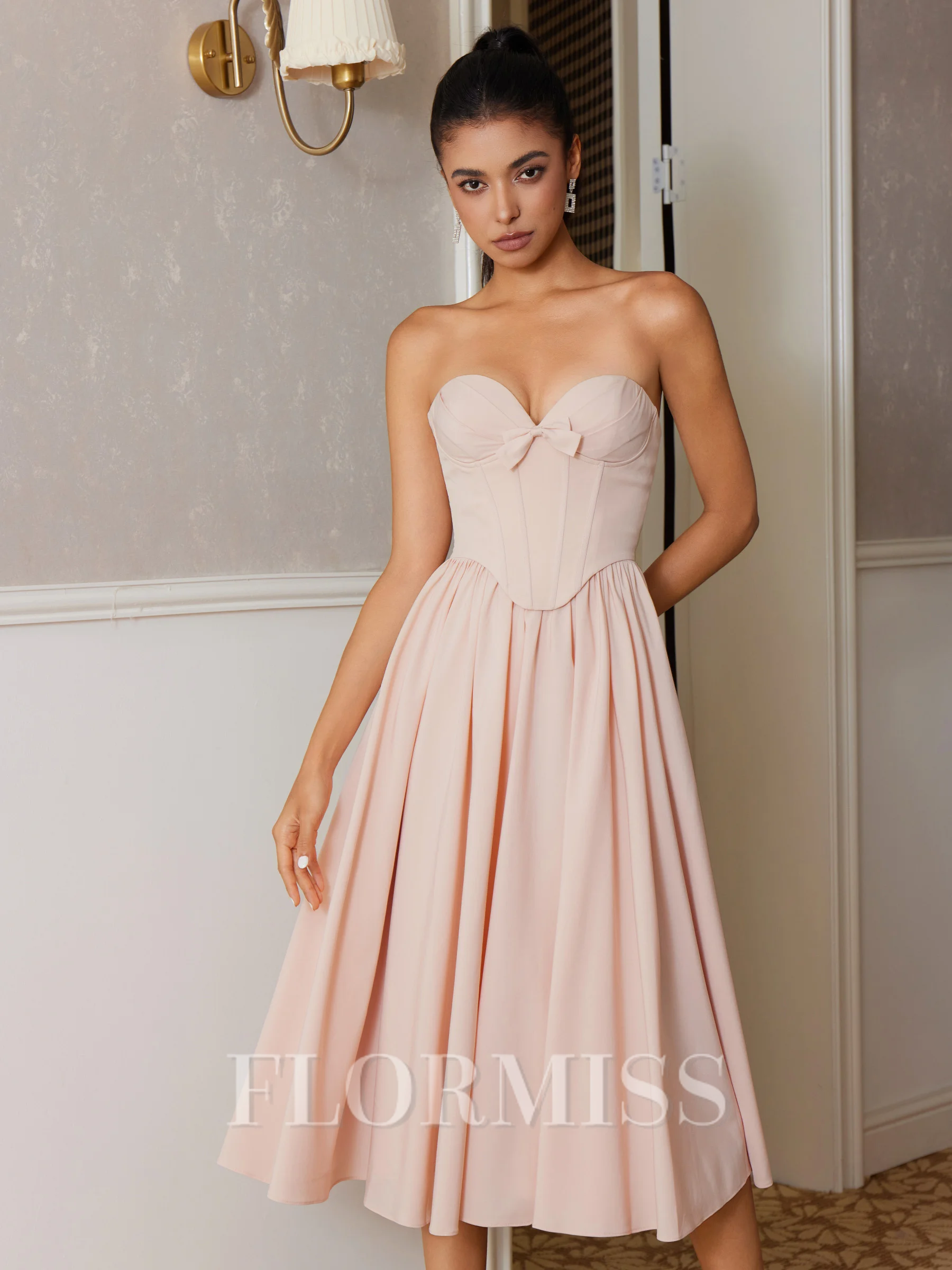 A-line Sweetheart Bow Tea-Length Corset Dress