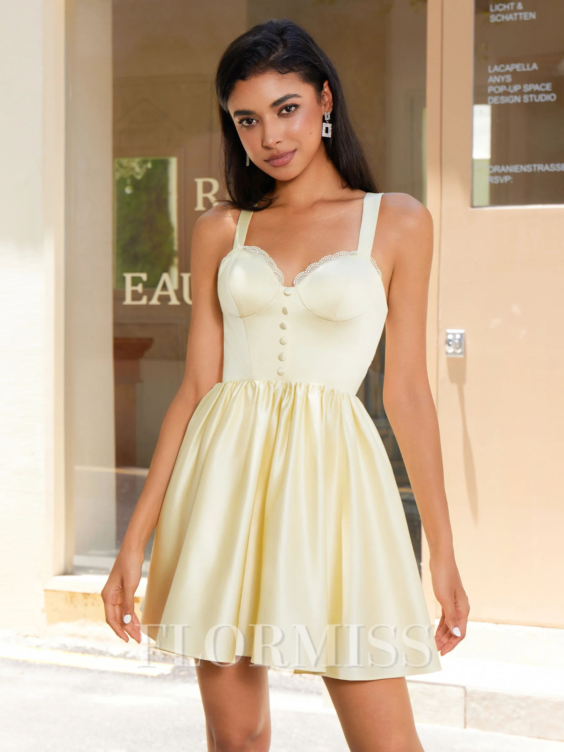 A-line Straps Appliques Lace Short/Mini Satin Corset Dress