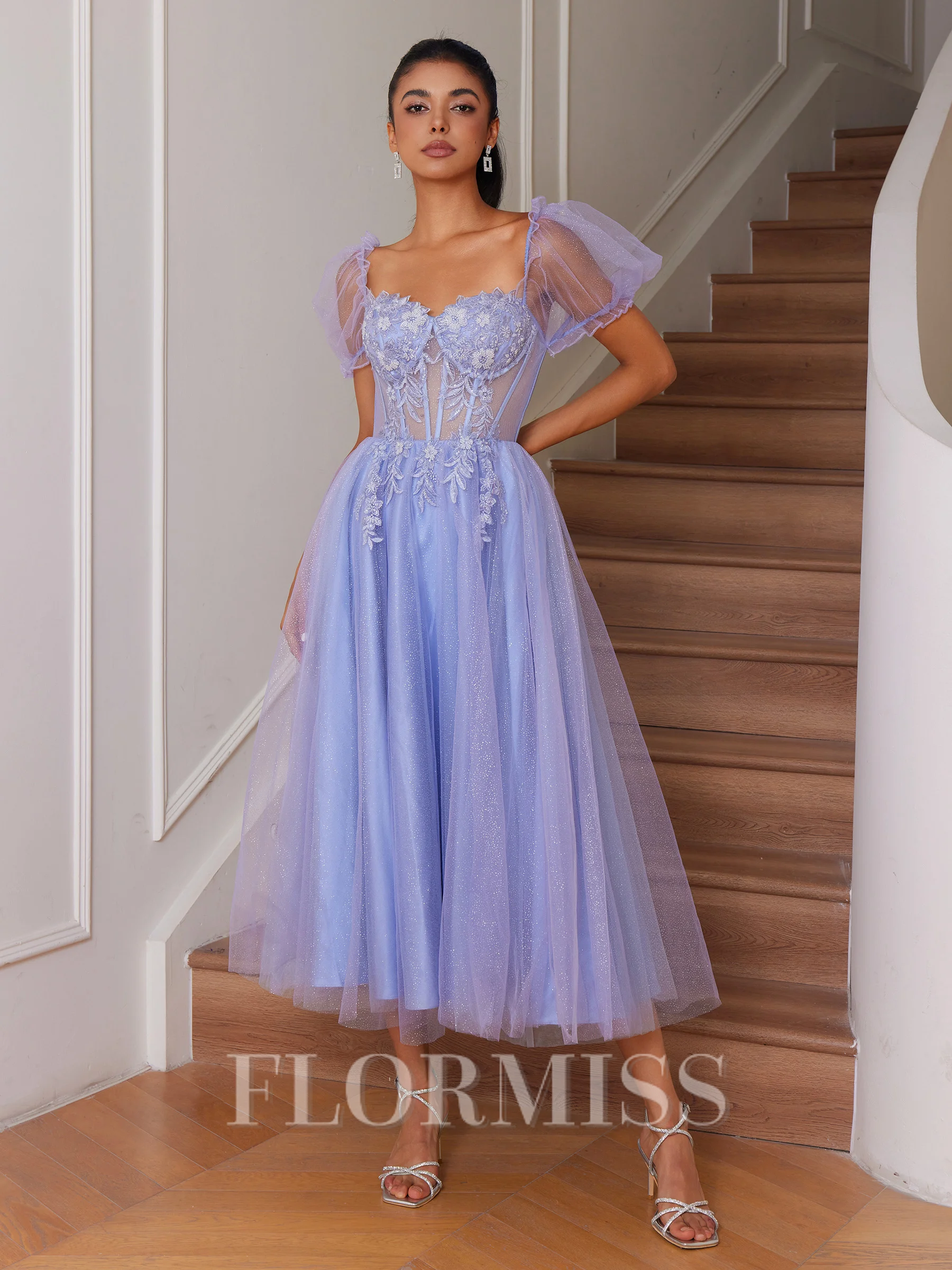 A-line Short Sleeves Lace Sweetheart Appliques Lace Corset Tea-Length Dress