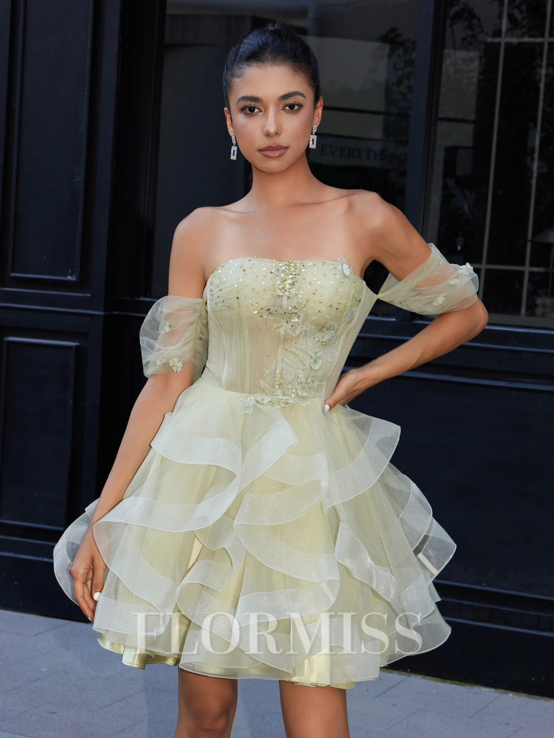 Ball-Gown Off-the-Shoulder Short Sleeves Beading Short/Mini Tulle Corset Dress