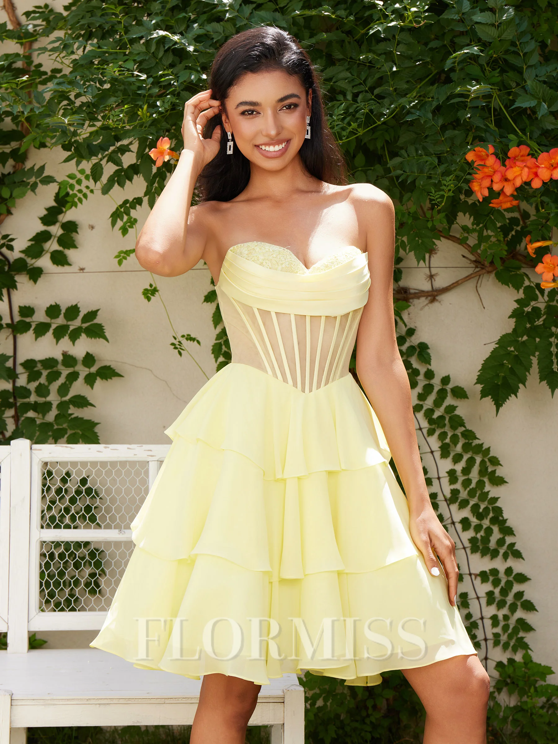 A-line Sweetheart Cascading Ruffles Short/Mini Chiffon Corset Dress