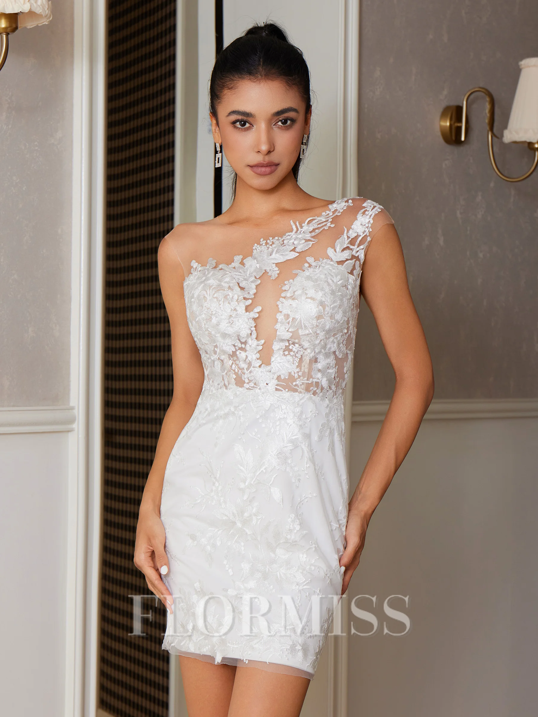 Sheath Scoop Appliques Lace Short/Mini Lace Dress