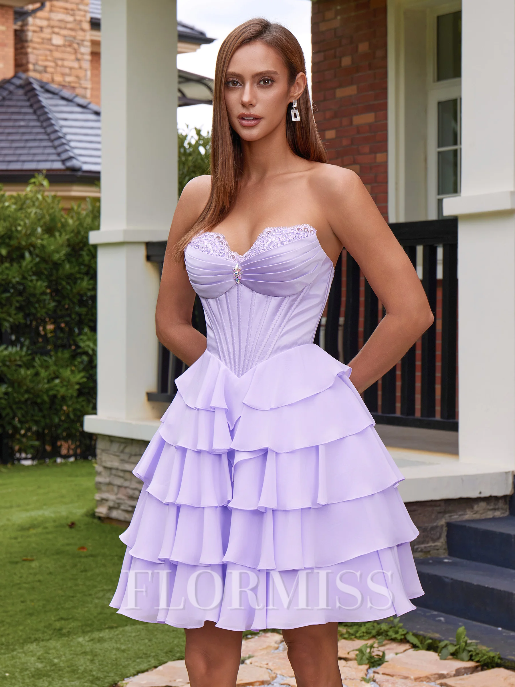 A-line Sweetheart Cascading Ruffles Short/Mini Chiffon Corset Dress