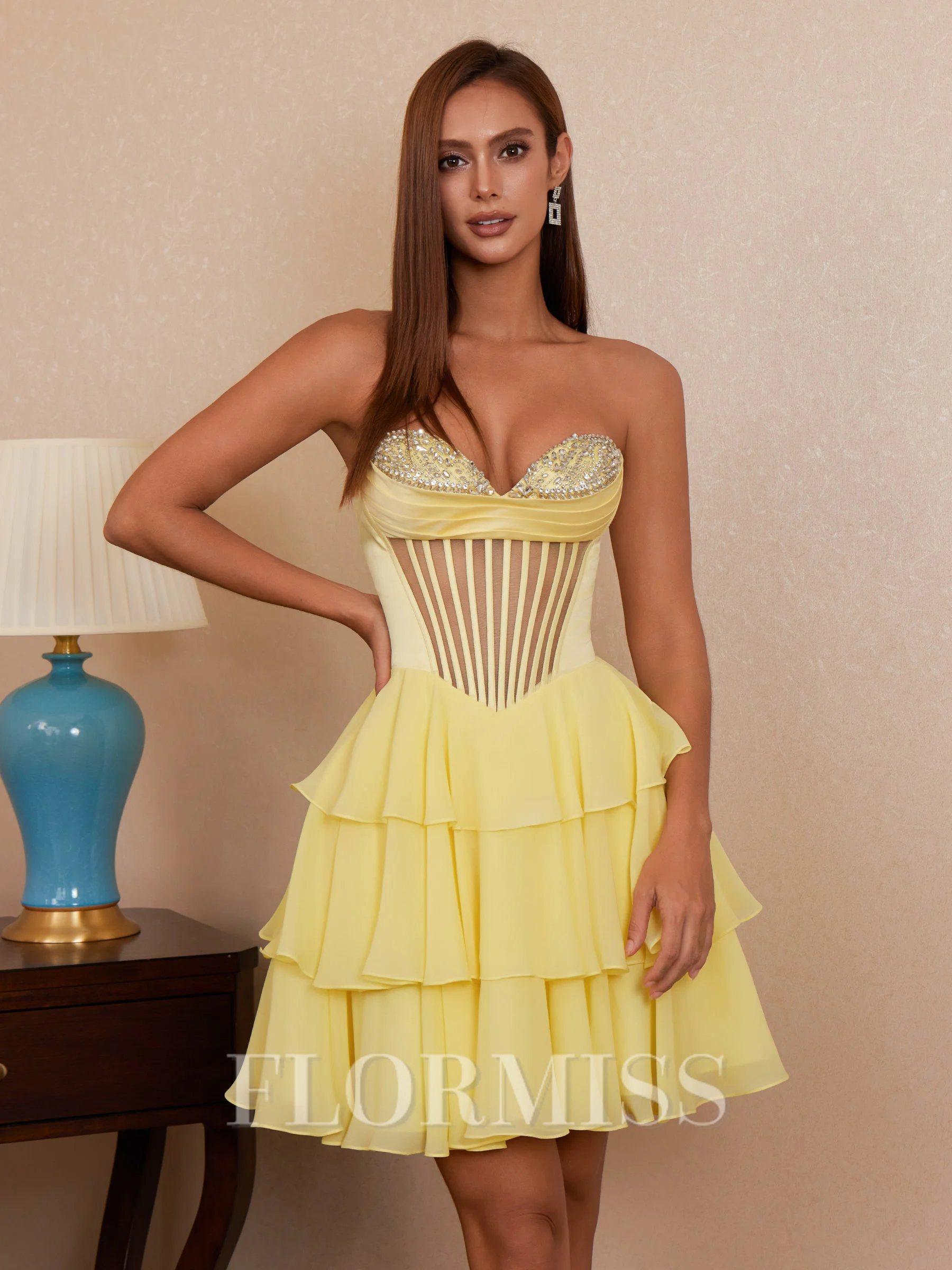 A-line Sweetheart Cascading Ruffles Short/Mini Chiffon Corset Dress