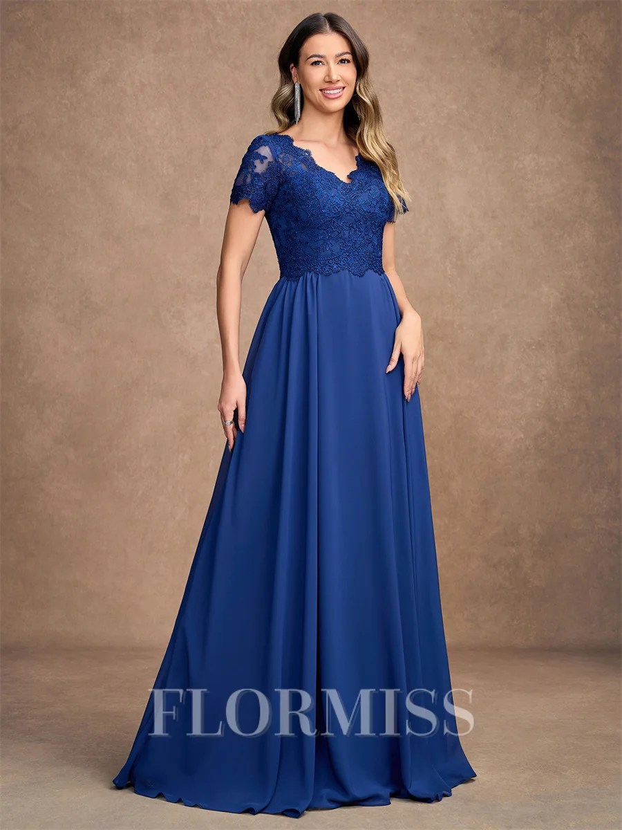 A-Line/Princess Chiffon Lace V-neck Short Sleeves Floor-Length Mother of the Bride Dresses