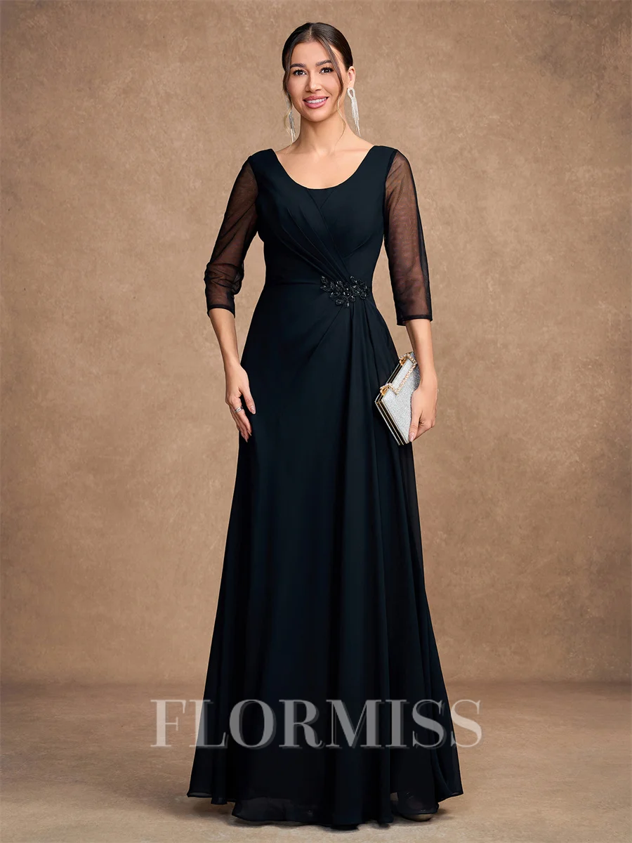 A-Line/Princess Chiffon Ruched Scoop 3/4 Sleeves Floor-Length Mother of the Bride Dresses