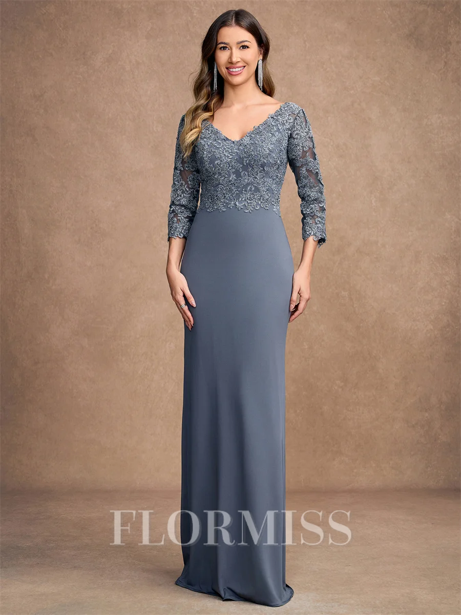 Sheath/Column Jersey Lace V-neck 3/4 Sleeves Floor-Length Mother of the Bride Dresses