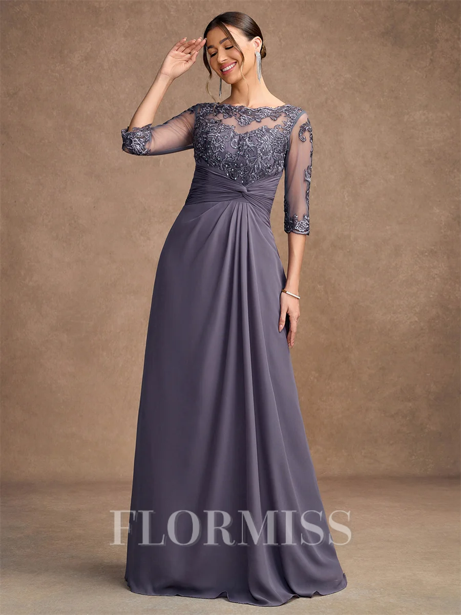 A-Line/Princess Chiffon Applique Scoop 3/4 Sleeves Floor-Length Mother of the Bride Dresses