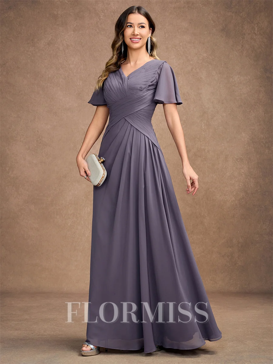 A-Line/Princess Chiffon Ruched V-neck Short Sleeves Floor-Length Mother of the Bride Dresses