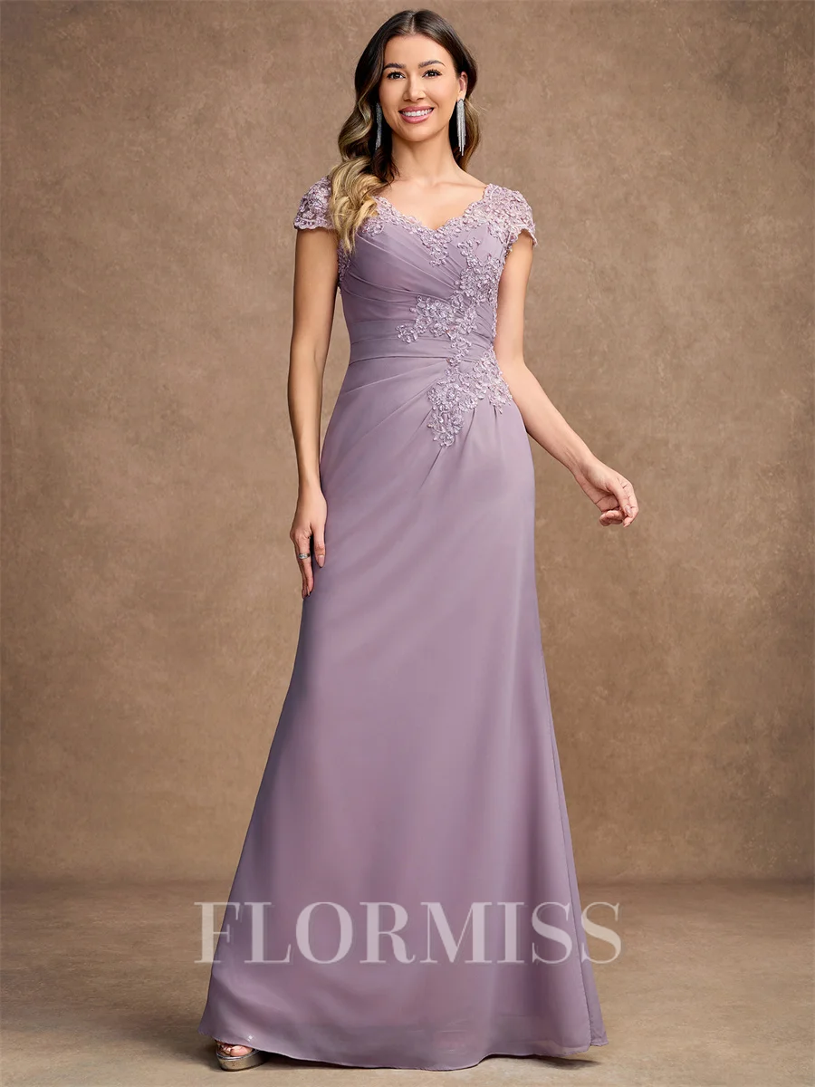 Sheath/Column Chiffon Lace V-neck Short Sleeves Floor-Length Mother of the Bride Dresses