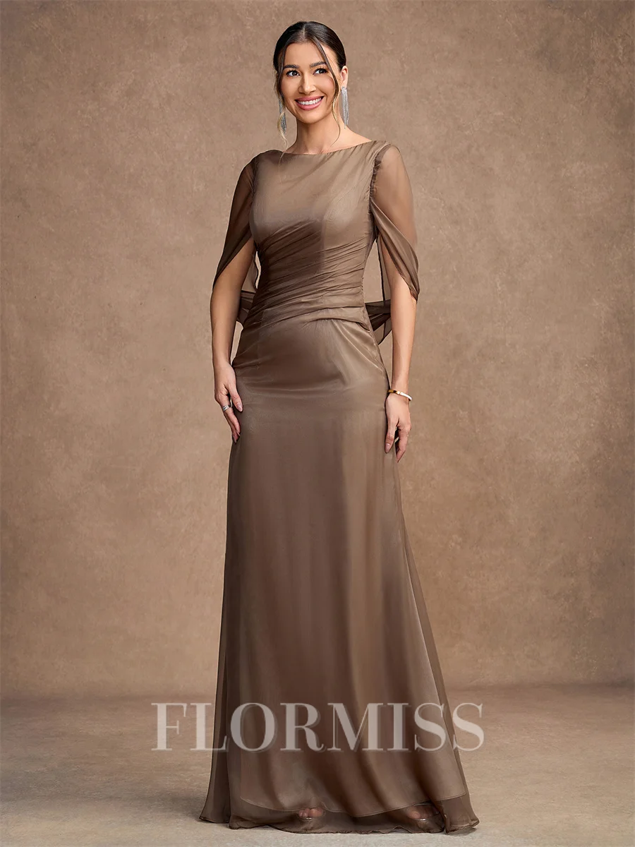 Sheath/Column 30D Chiffon Ruched Scoop Short Sleeves Floor-Length Mother of the Bride Dresses