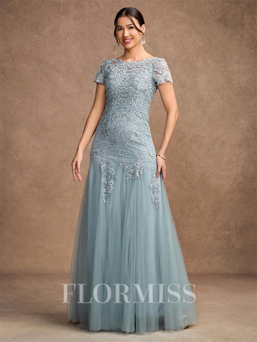 A-Line/Princess Tulle Lace Scoop Short Sleeves Floor-Length Mother of the Bride Dresses