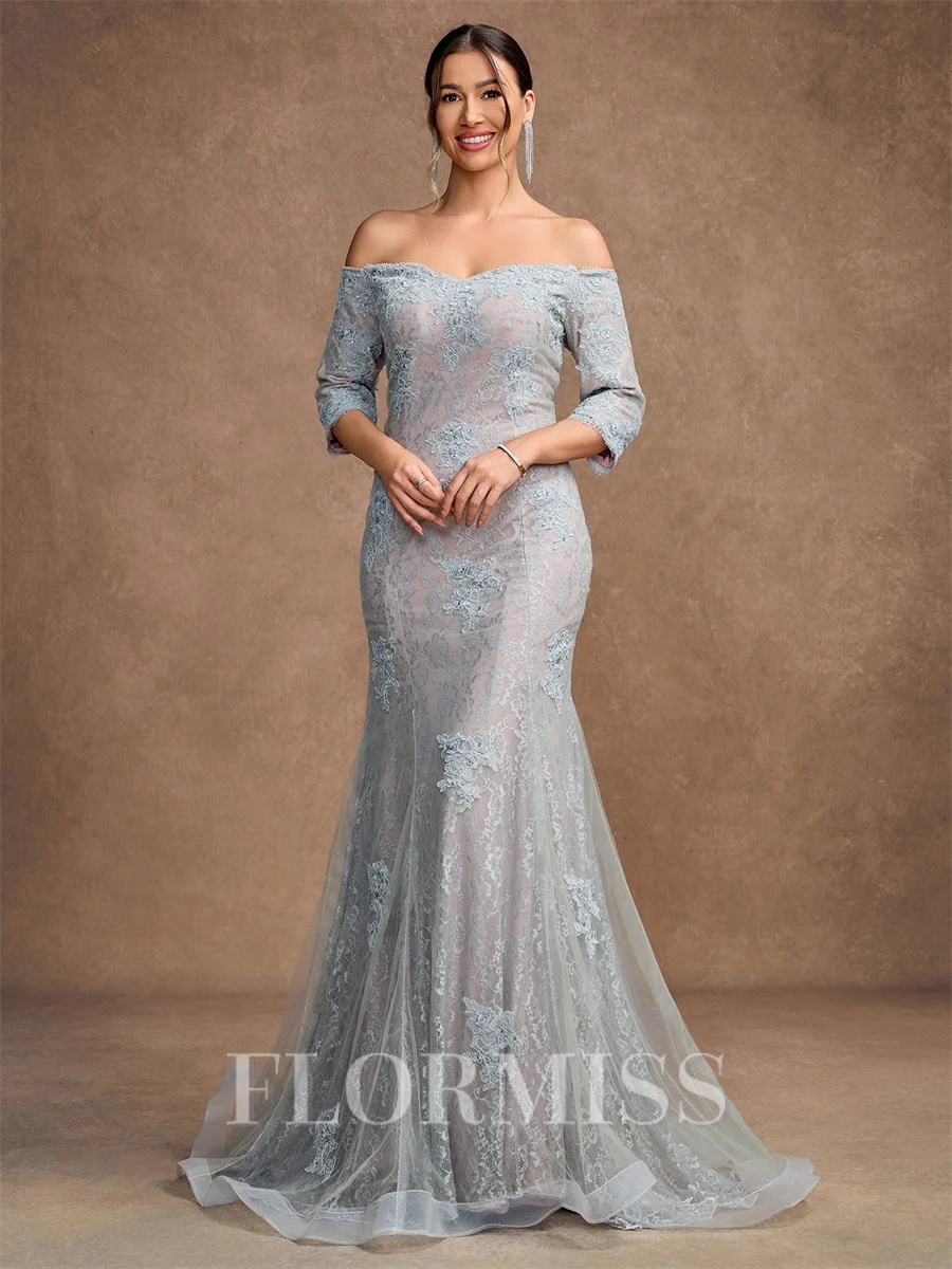Sheath/Column Lace Applique Off-the-Shoulder 3/4 Sleeves Sweep/Brush Train Mother of the Bride Dresses