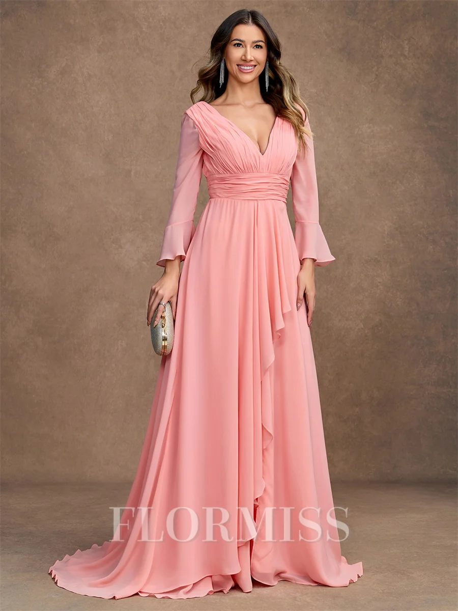 A-Line/Princess Chiffon Ruched V-neck Long Sleeves Sweep/Brush Train Mother of the Bride Dresses