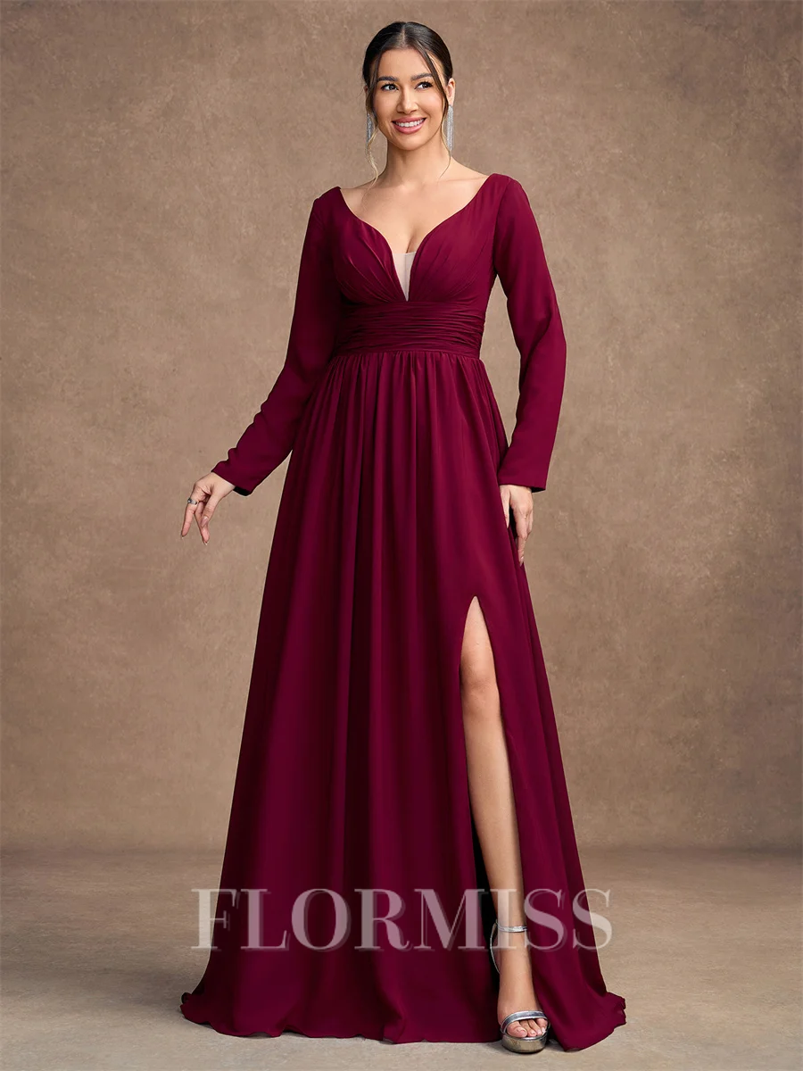 A-Line/Princess Chiffon Ruched V-neck Long Sleeves Floor-Length Mother of the Bride Dresses