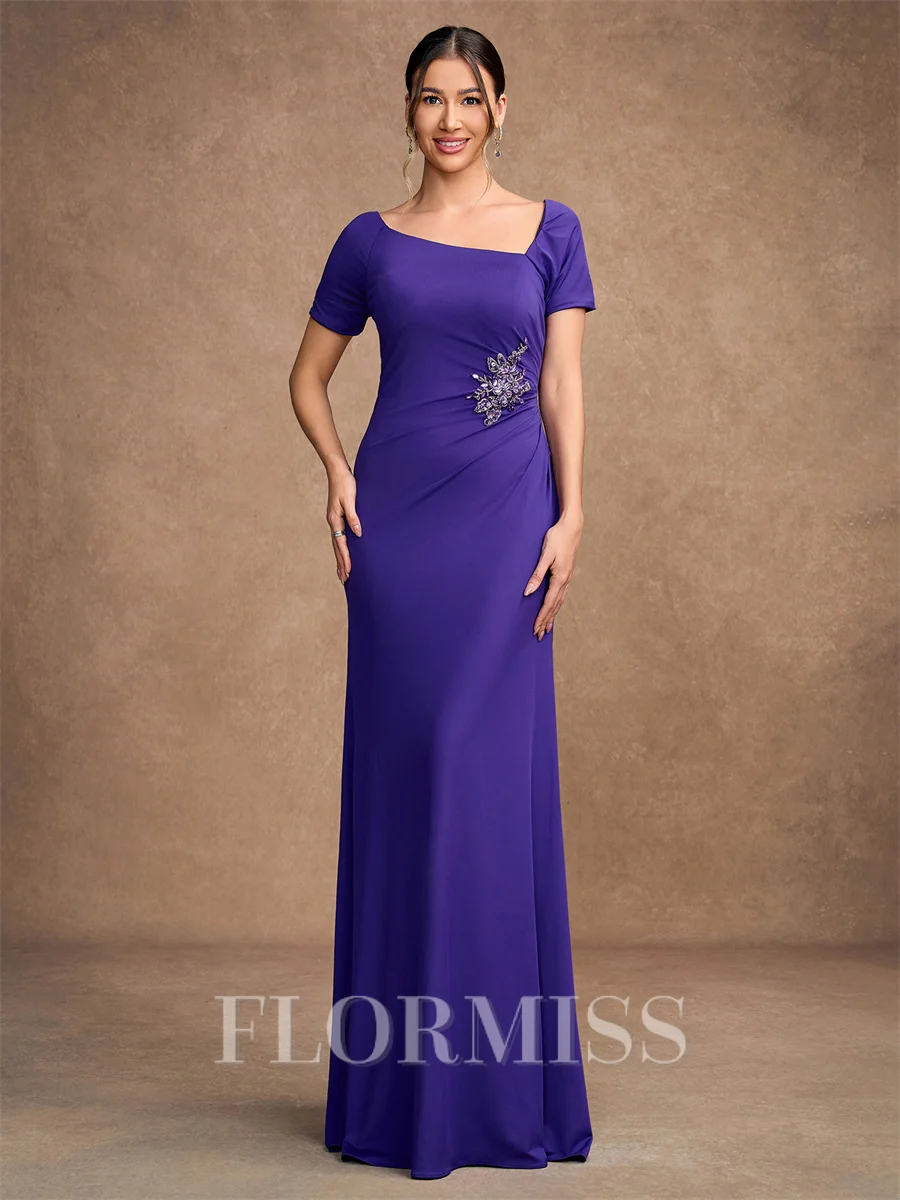 Sheath/Column Jersey Beading Square Short Sleeves Floor-Length Mother of the Bride Dresses