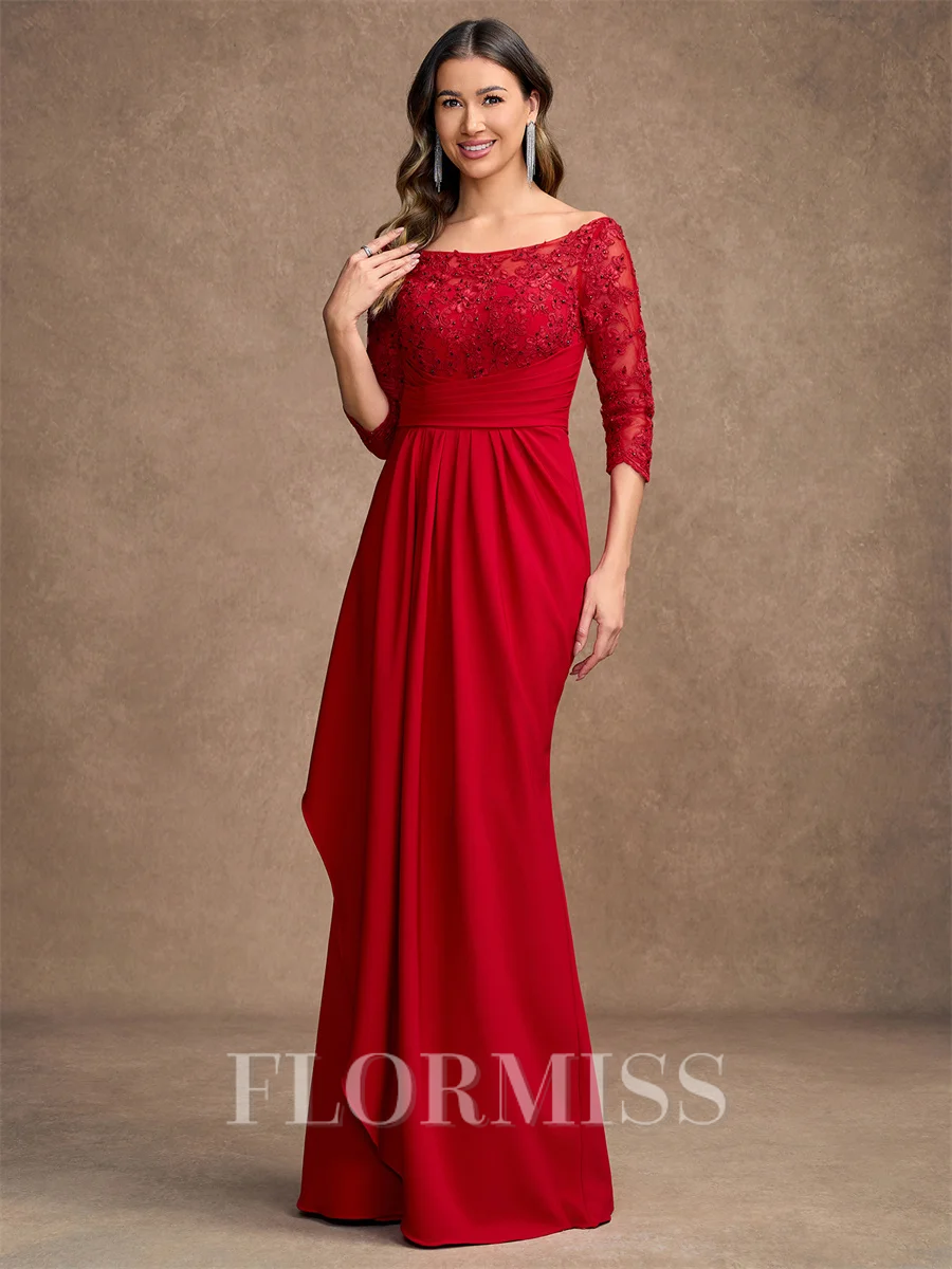 A-Line/Princess Stretch Crepe Lace Off-the-Shoulder 3/4 Sleeves Floor-Length Mother of the Bride Dresses