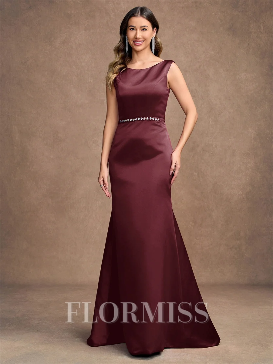 Sheath/Column Satin Beading Scoop Sleeveless Sweep/Brush Train Mother of the Bride Dresses