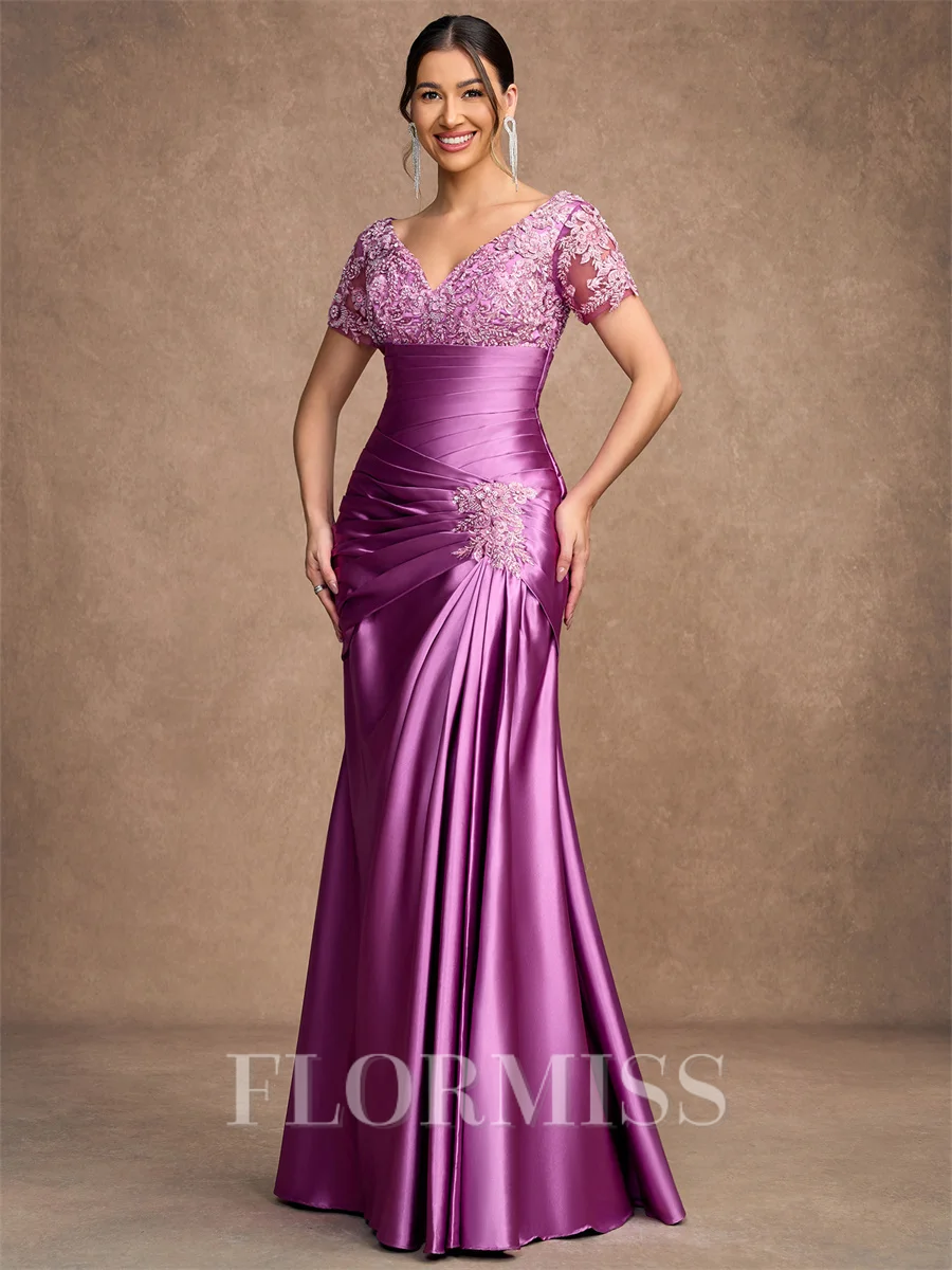 Sheath/Column Silk Like Satin Applique V-neck Short Sleeves Floor-Length Mother of the Bride Dresses