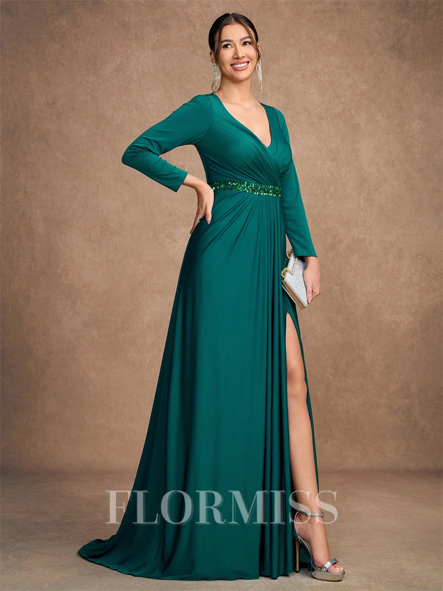 A-Line/Princess Jersey Beading V-neck Long Sleeves Sweep/Brush Train Mother of the Bride Dresses