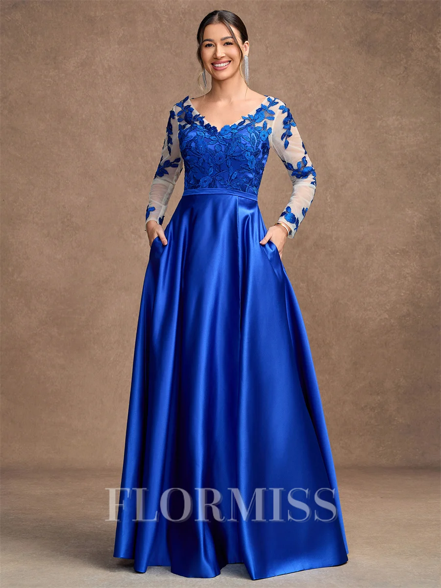 A-Line/Princess Satin Applique V-neck Long Sleeves Floor-Length Mother of the Bride Dresses