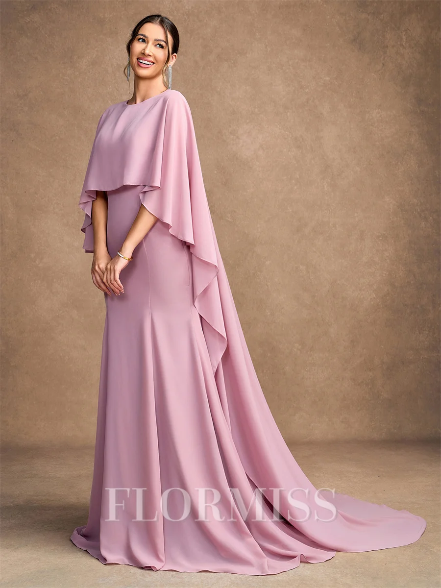 Sheath/Column Chiffon Ruffles Scoop Long Sleeves Sweep/Brush Train Mother of the Bride Dresses