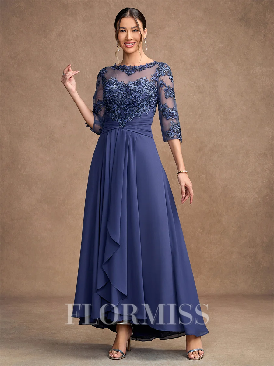 A-Line/Princess Chiffon Applique Scoop 3/4 Sleeves Asymmetrical Mother of the Bride Dresses