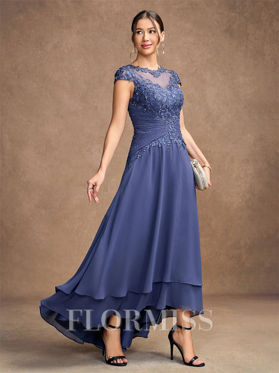 A-Line/Princess Chiffon Applique Scoop Short Sleeves Asymmetrical Mother of the Bride Dresses