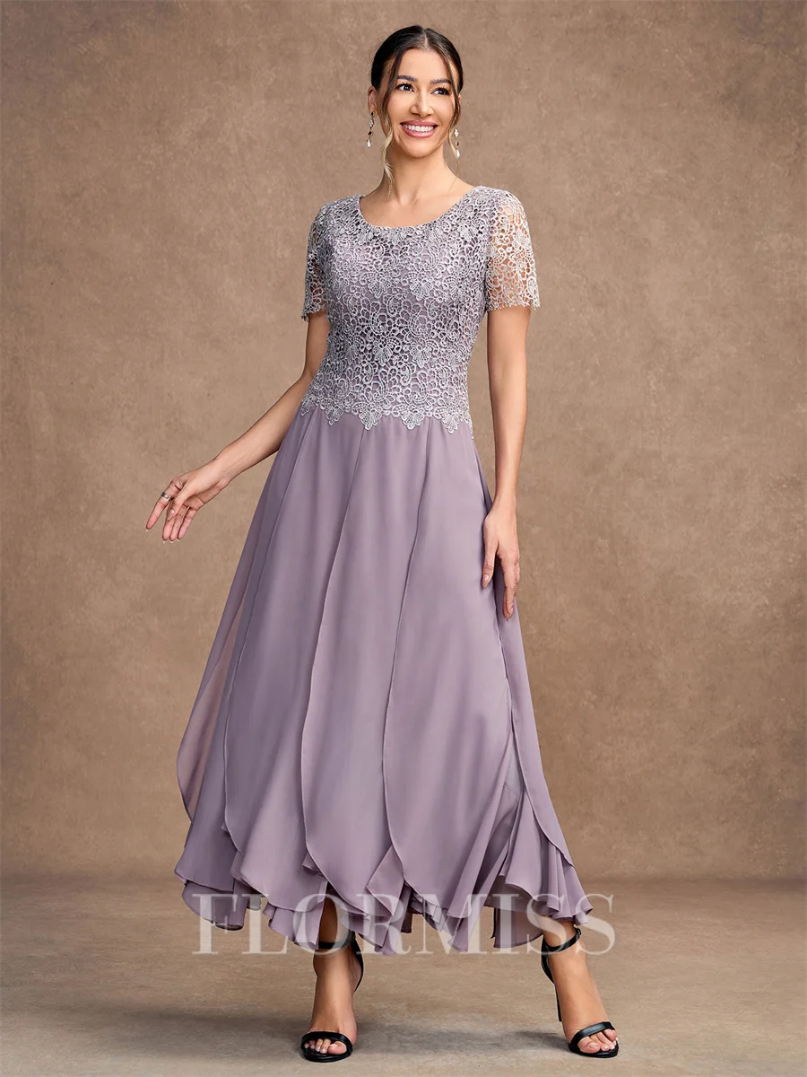 A-Line/Princess Chiffon Lace Scoop Short Sleeves Ankle-Length Mother of the Bride Dresses