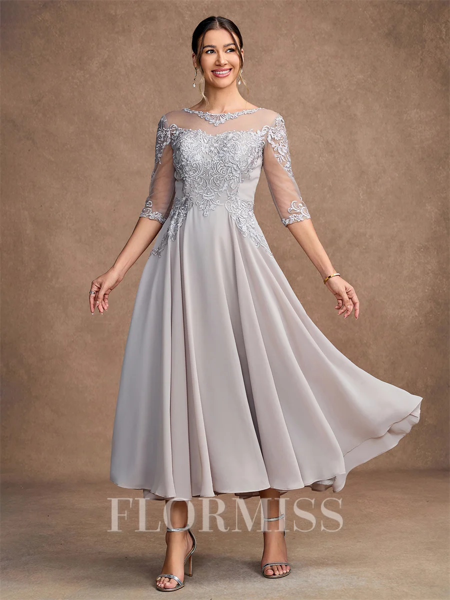 A-Line/Princess Chiffon Lace Scoop 3/4 Sleeves Tea-Length Mother of the Bride Dresses