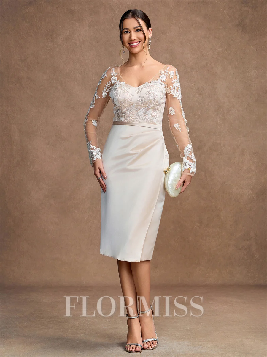 Sheath/Column Satin Lace V-neck Long Sleeves Knee-Length Mother of the Bride Dresses