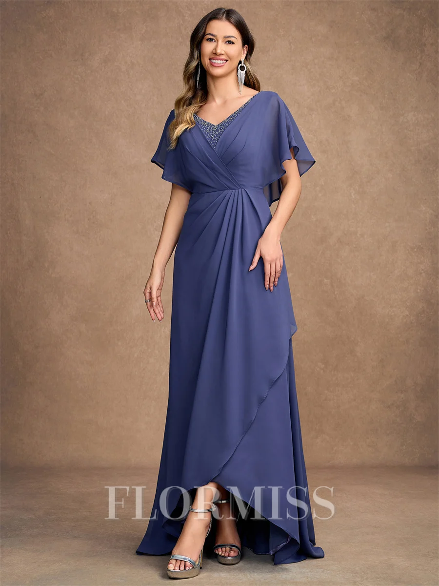 A-Line/Princess Chiffon Beading V-neck Short Sleeves Asymmetrical Mother of the Bride Dresses