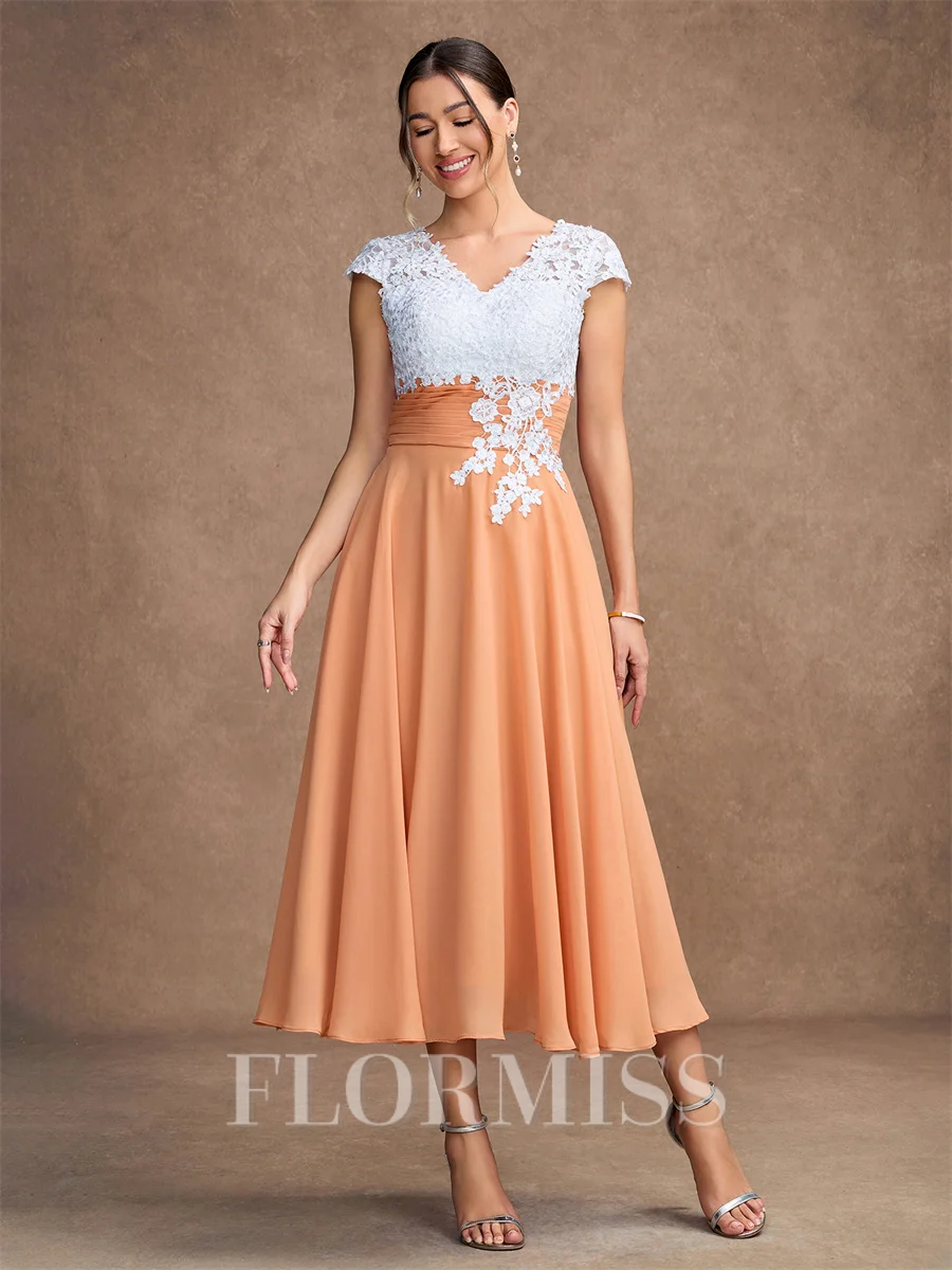 A-Line/Princess Chiffon Lace V-neck Sleeveless Tea-Length Mother of the Bride Dresses