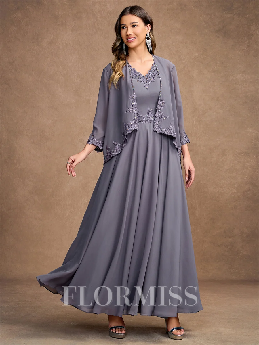 A-Line/Princess Chiffon Applique V-neck Sleeveless Ankle-Length Mother of the Bride Dresses