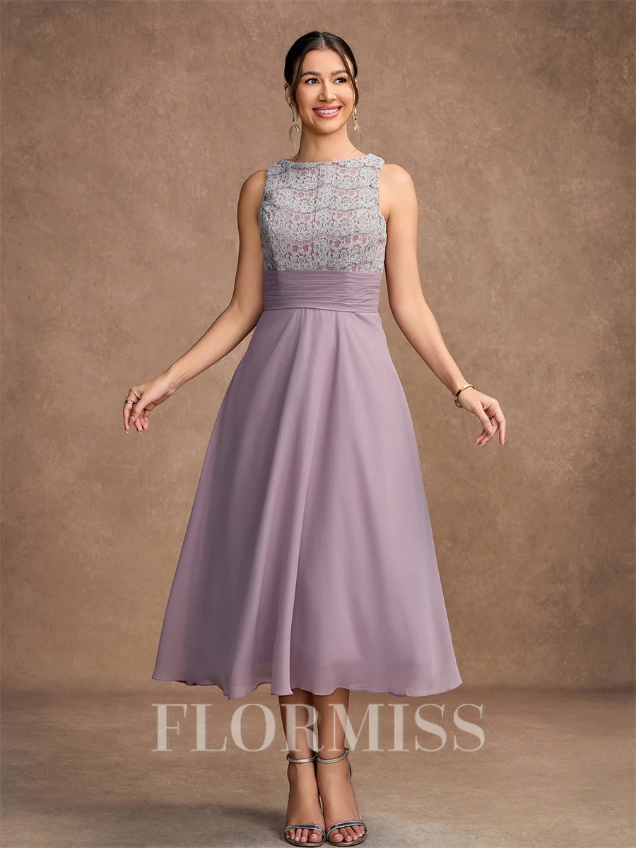 A-Line/Princess Chiffon Lace Scoop Sleeveless Tea-Length Mother of the Bride Dresses