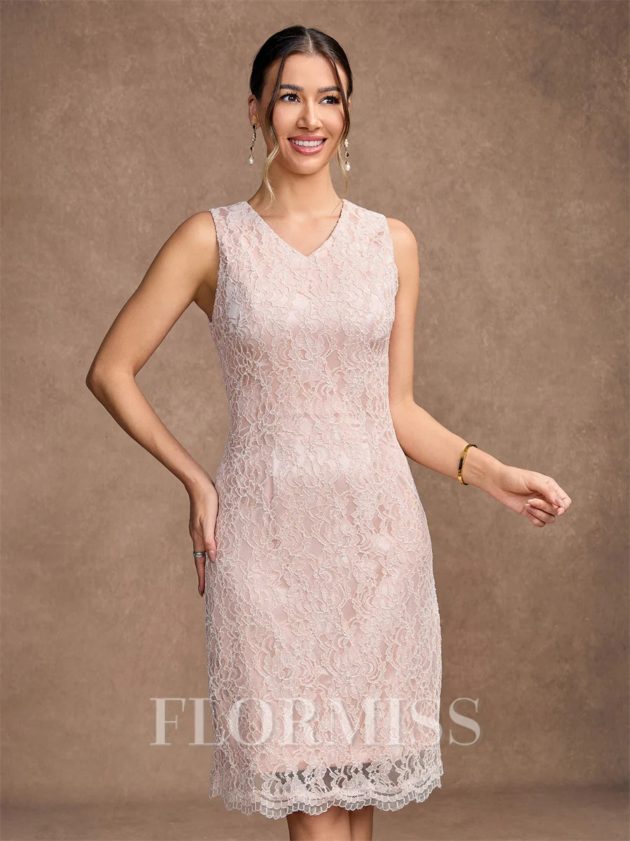 Sheath/Column Silk like Satin Lace V-neck Sleeveless Knee-Length Mother of the Bride Dresses
