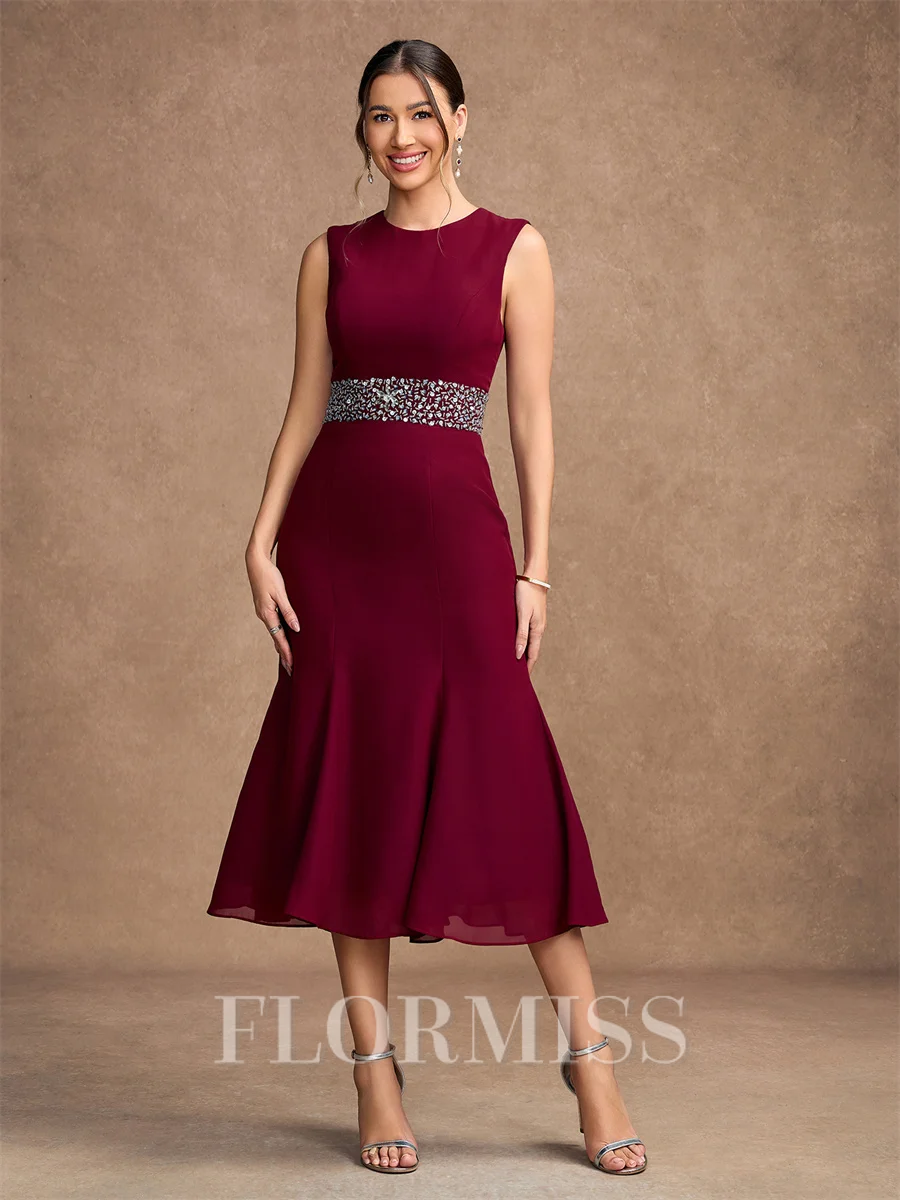 Sheath/Column Chiffon Beading Scoop Sleeveless Tea-Length Mother of the Bride Dresses