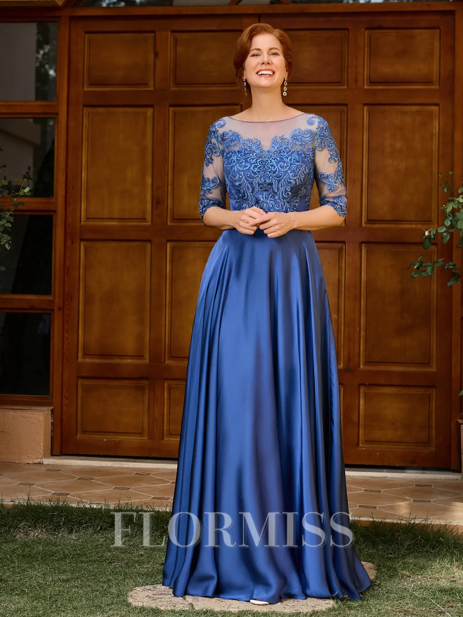 A-line Scoop 1/2 Sleeves Appliques Lace Floor-Length Satin Chiffon Mother of the Bride Dress