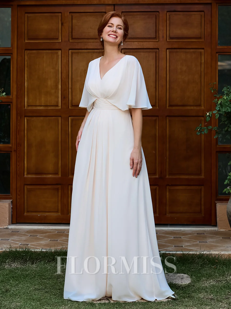 A-line V-neck 1/2 Sleeves Pleated Floor-Length Chiffon Mother of the Bride Dress