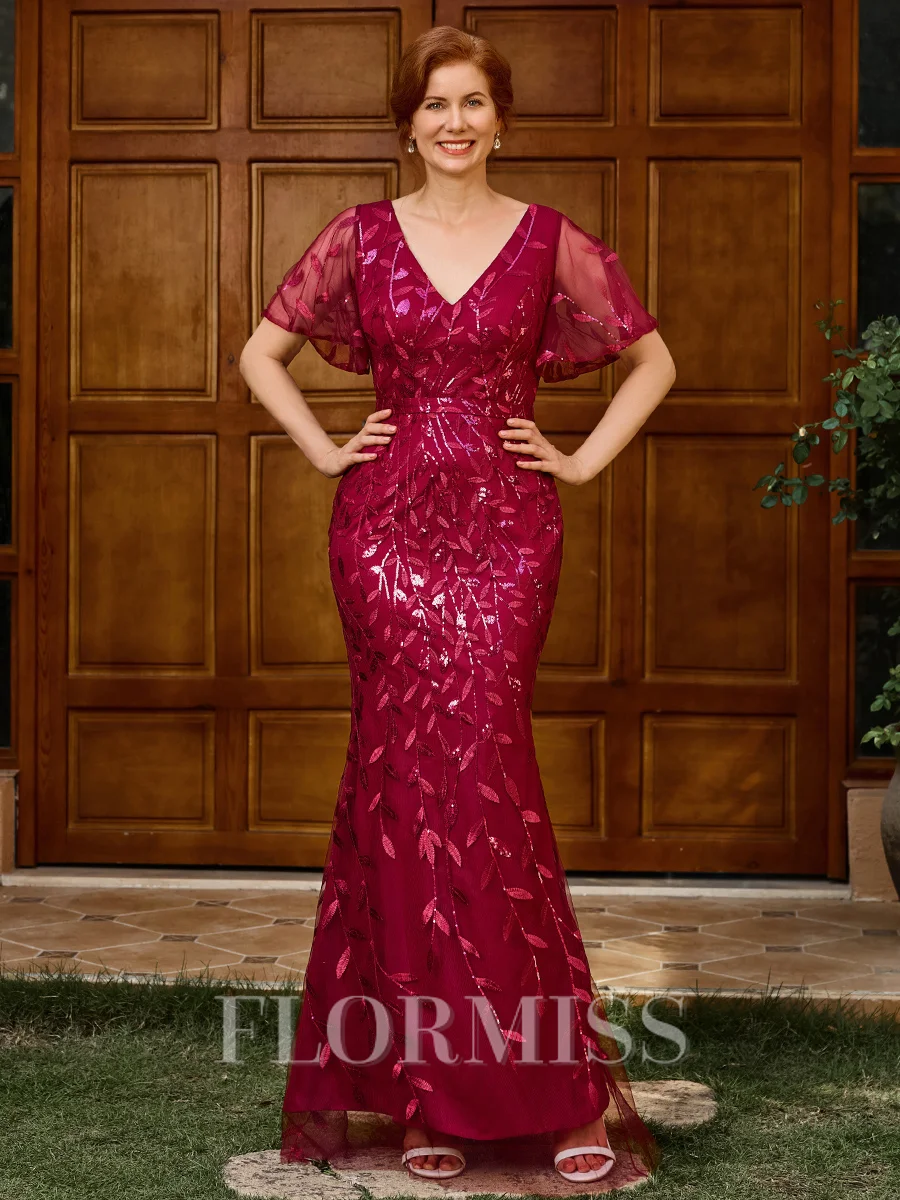 Sheath V-neck Short Sleeves Floor-Length Lace Mother of the Bride Dress