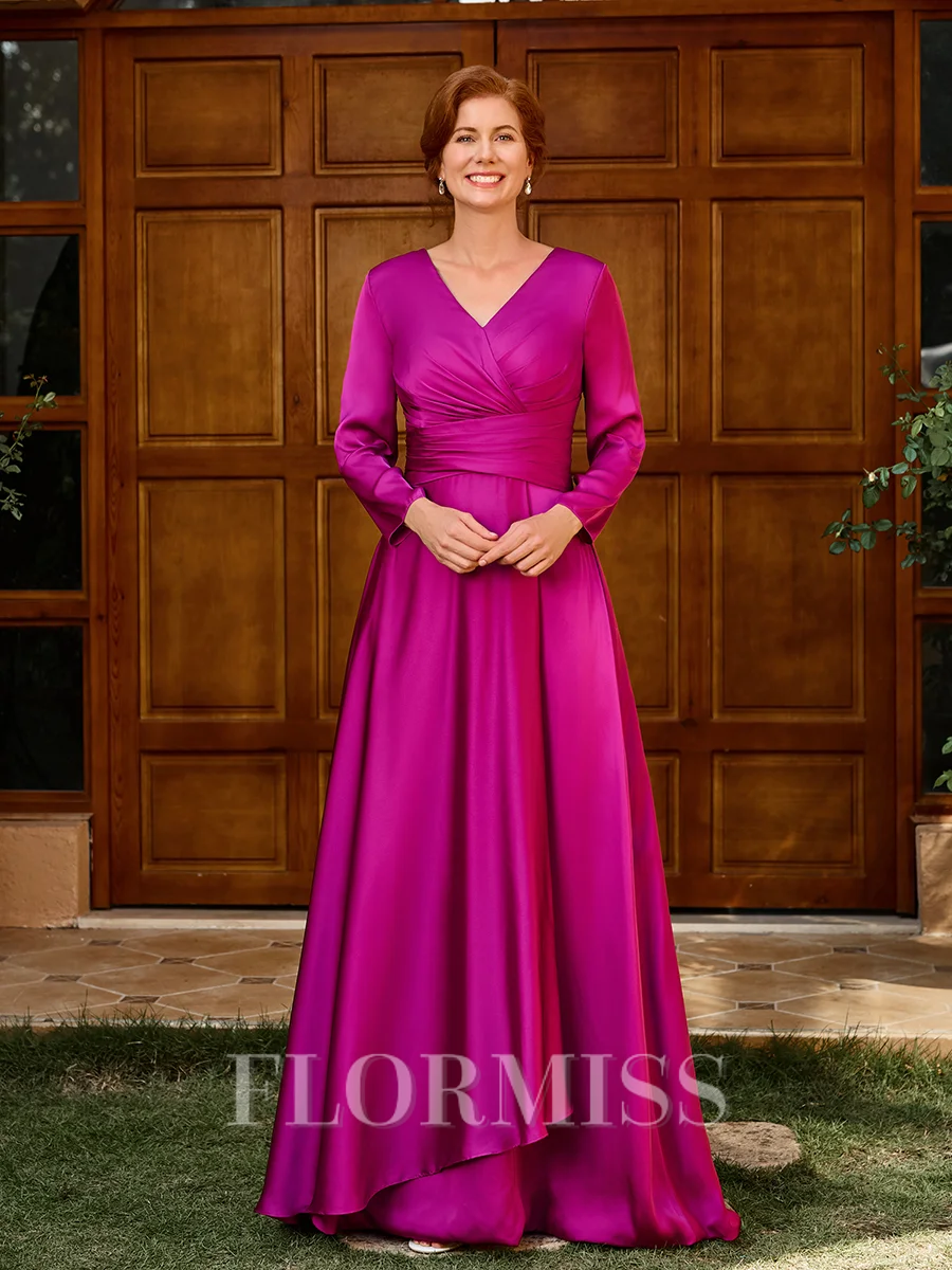 A-line V-neck 3/4 Sleeves Pleated Floor-Length Satin Chiffon Mother of the Bride Dress