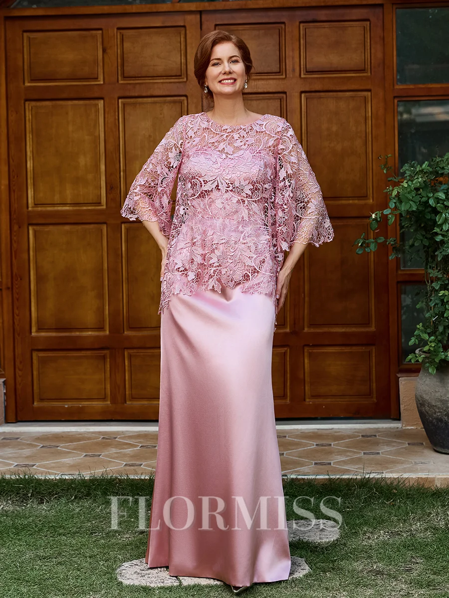 Sheath Scoop 3/4 Sleeves Appliques Lace Floor-Length Silk Like Satin Mother of the Bride Dress