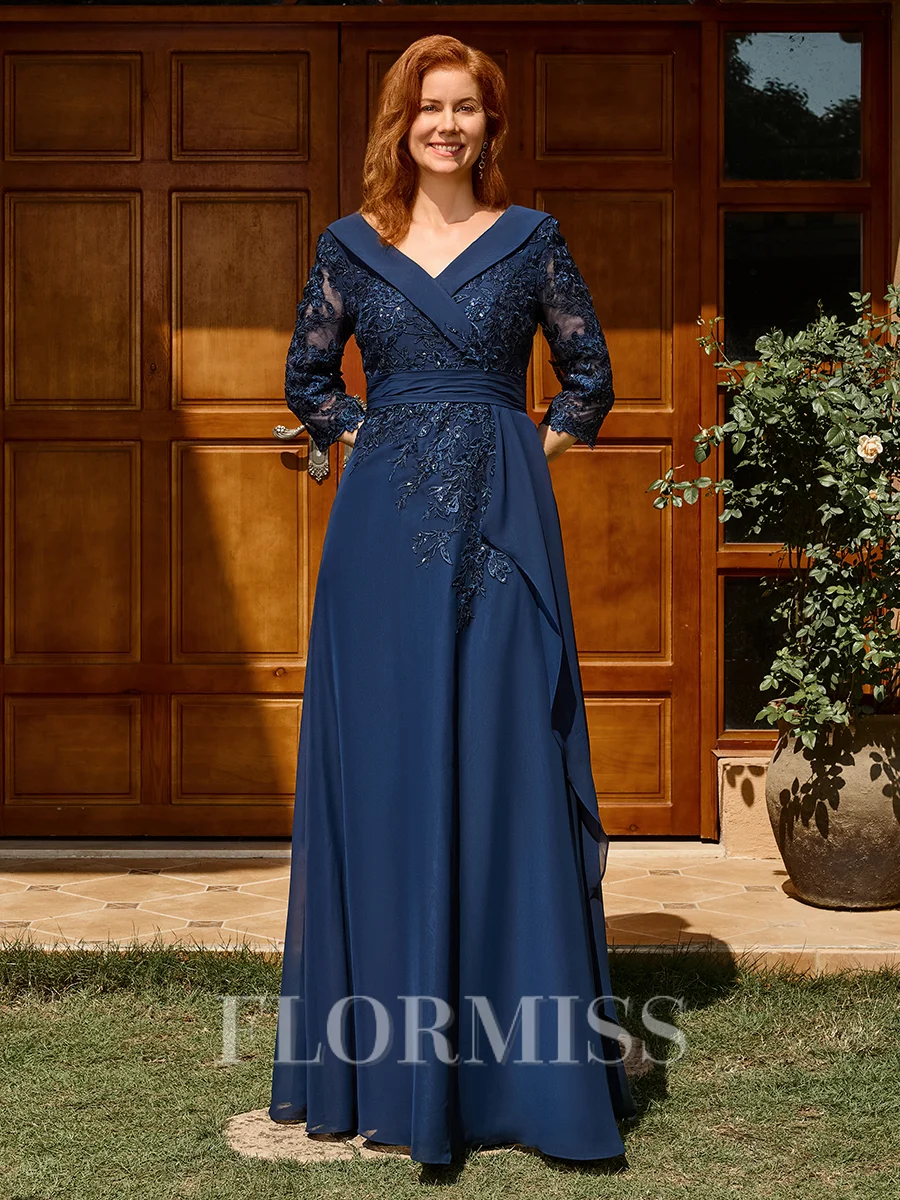 A-line V-neck 3/4 Sleeves Appliques Lace Floor-Length Chiffon Mother of the Bride Dress