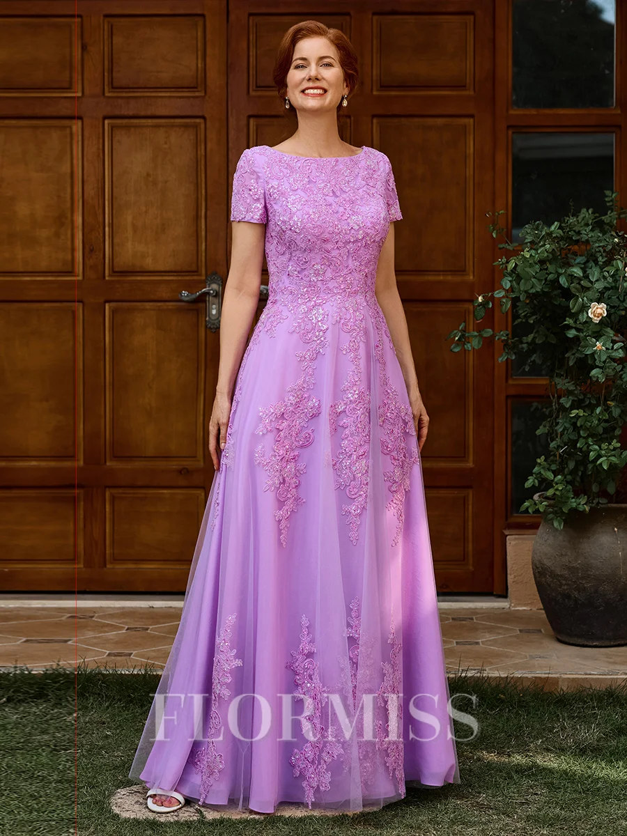 A-line Scoop Short Sleeves Appliques Lace Floor-Length Tulle Mother of the Bride Dress