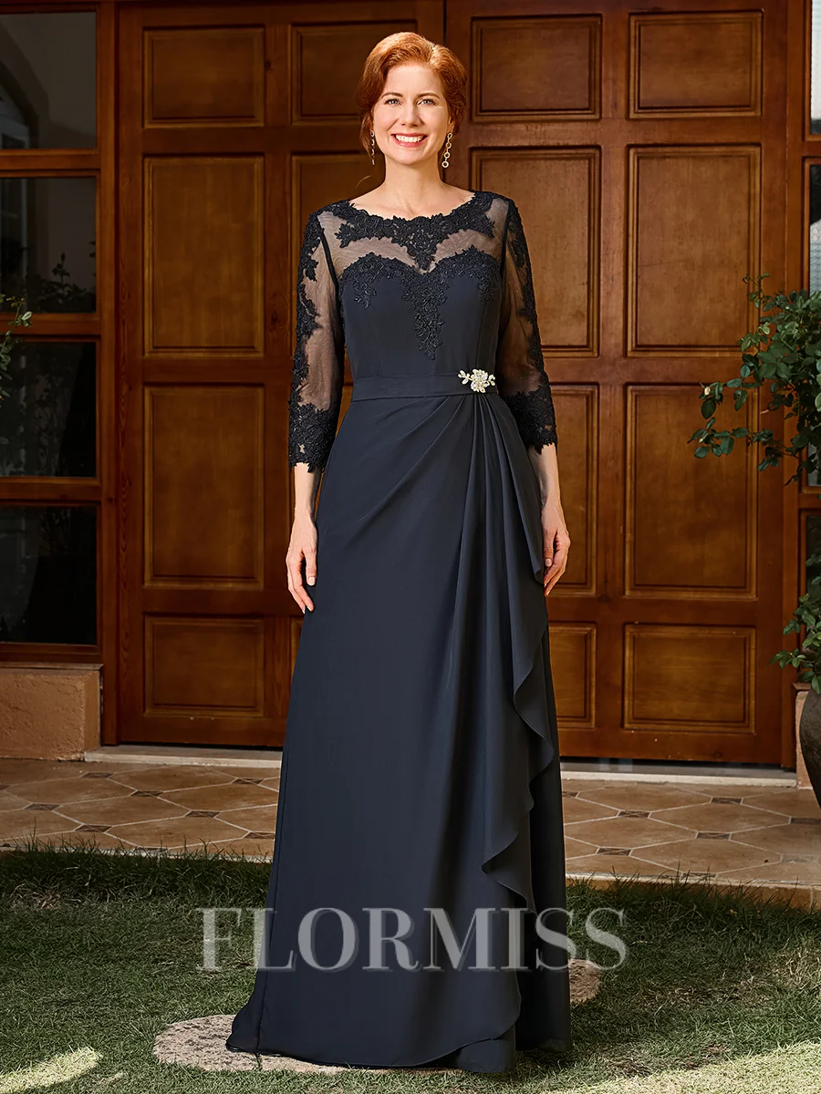 A-line Scoop 3/4 Sleeves Appliques Lace Floor-Length Chiffon Mother of the Bride Dress