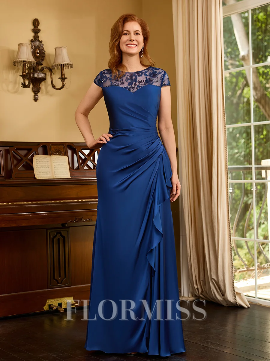 Sheath Scoop Short Sleeves Appliques Lace Floor-Length Satin Chiffon Mother of the Bride Dress