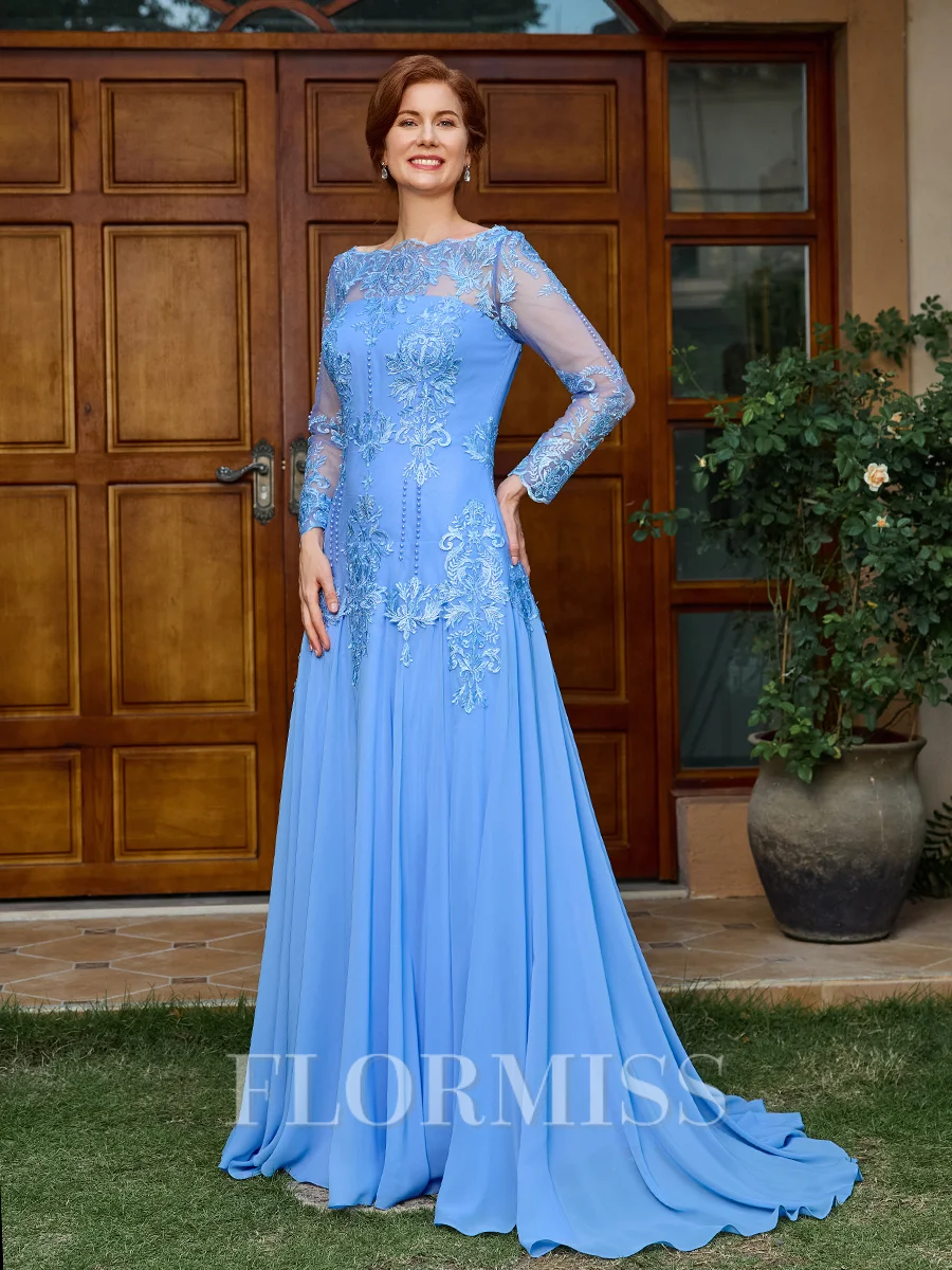 A-line Bateau Long Sleeves Appliques Lace Sweep Train Chiffon Mother of the Bride Dress