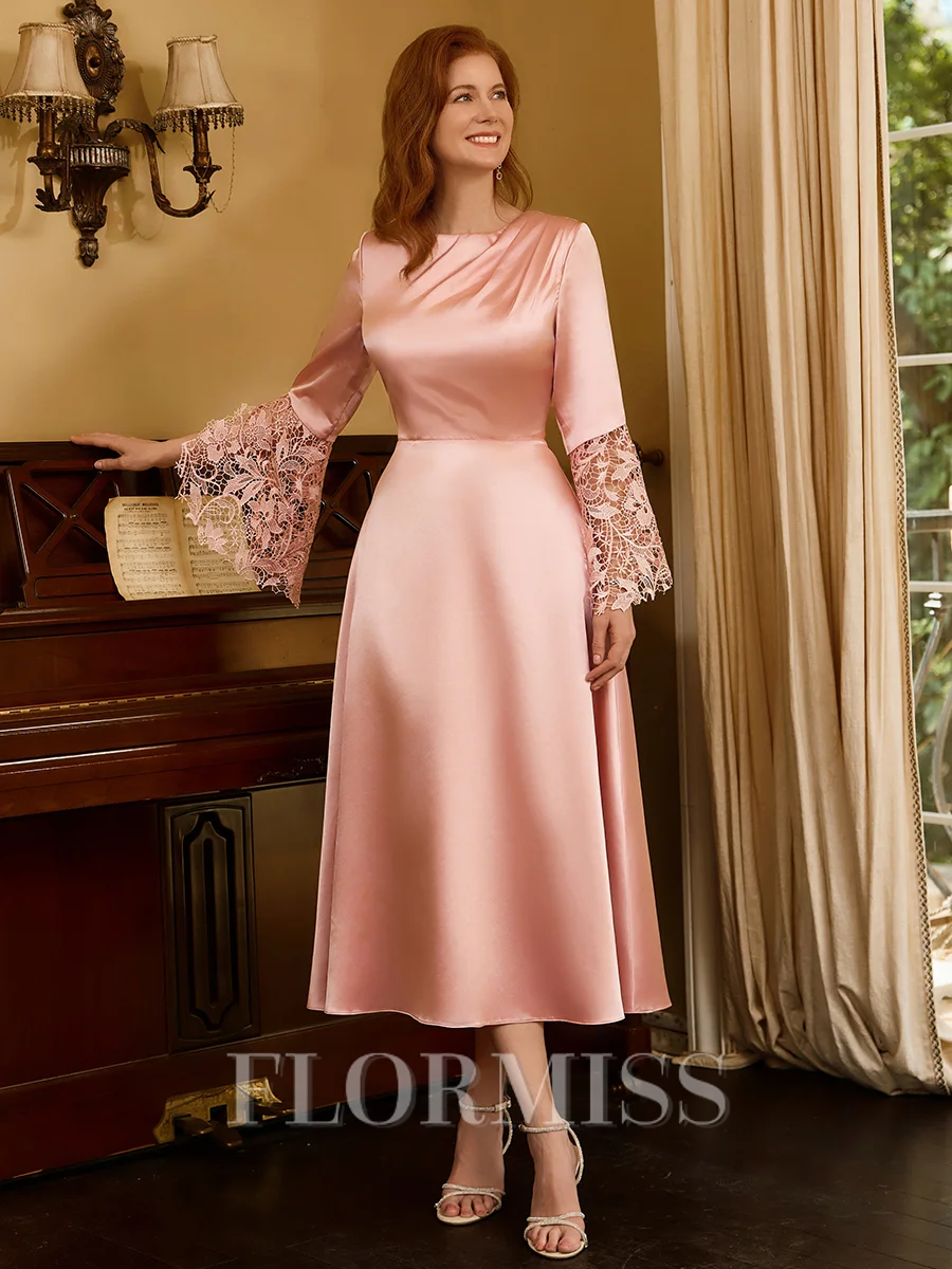 A-line Scoop Long Sleeves Appliques Lace Tea-Length Silk Like Satin Mother of the Bride Dress