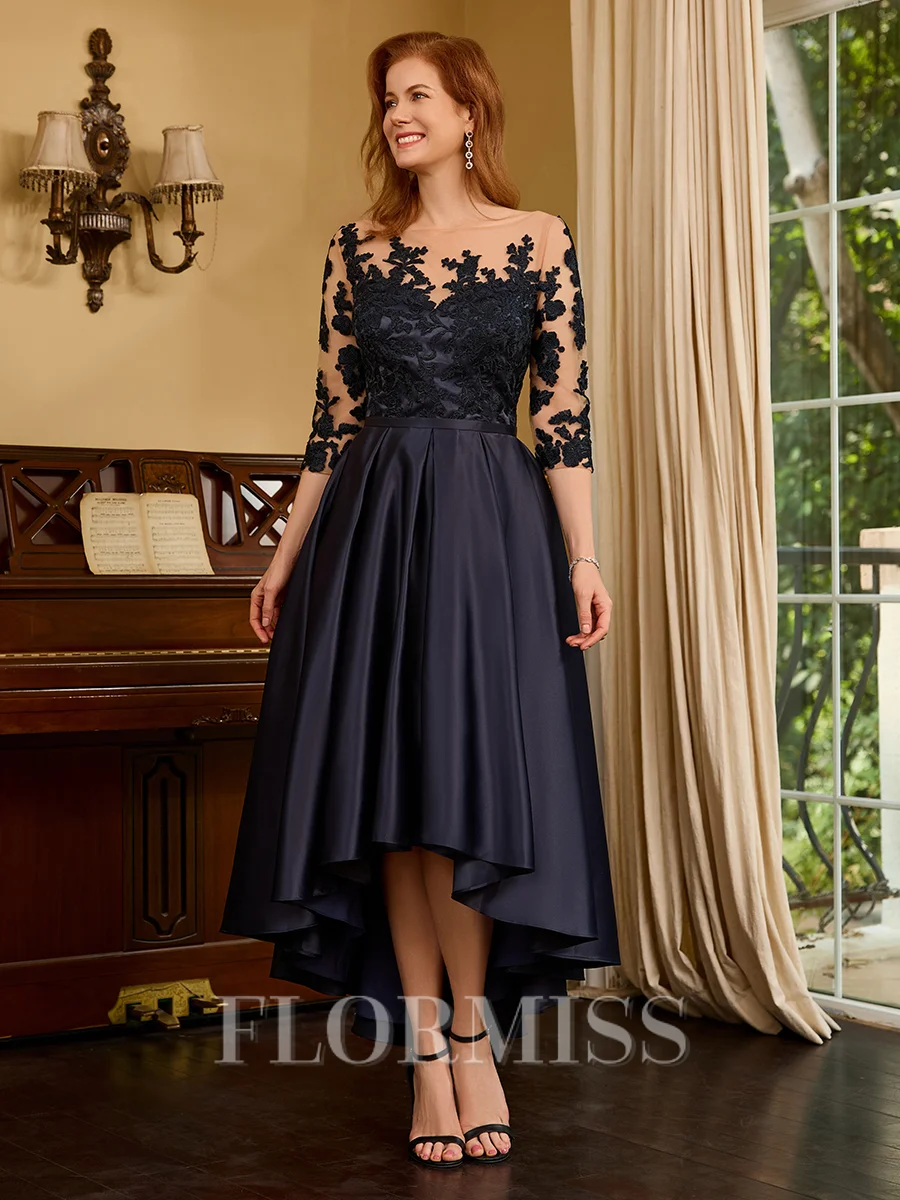 A-line Bateau 3/4 Sleeves Appliques Lace Asymmetrical Satin Mother of the Bride Dress