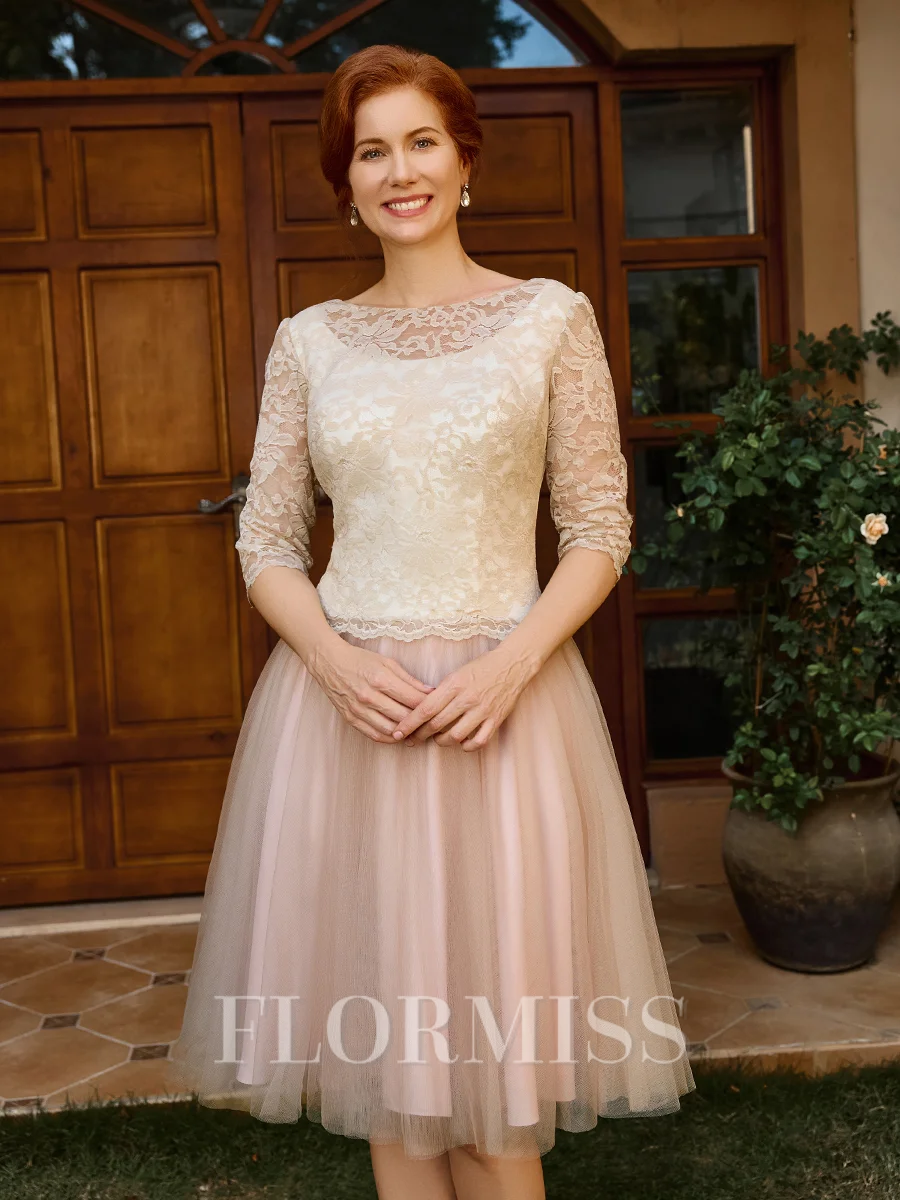 A-line Scoop 3/4 Sleeves Appliques Lace Knee-Length Tulle Mother of the Bride Dress